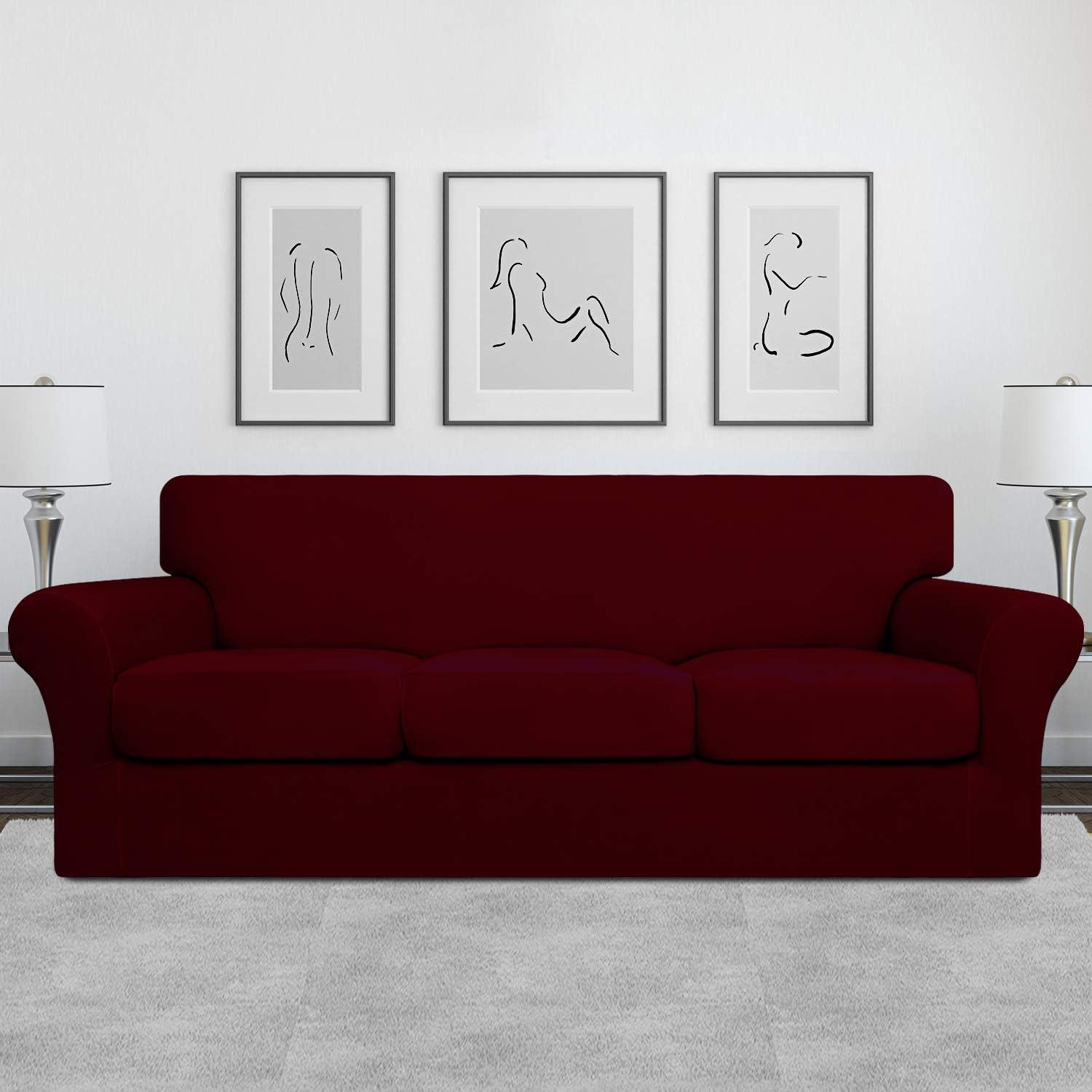 image:imageEasyGoing 2 Pieces Microfiber Stretch Chair Slipcover Spandex Soft Fitted Sofa Couch Cover Washable Furniture Protector with Elastic Bottom Kids Pet ChocolateWine