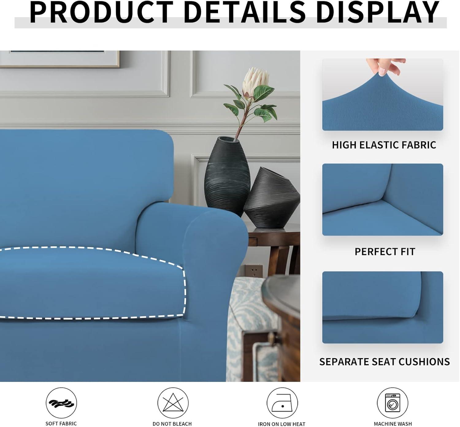 image:imageEasyGoing 2 Pieces Microfiber Stretch Chair Slipcover Spandex Soft Fitted Sofa Couch Cover Washable Furniture Protector with Elastic Bottom Kids Pet ChocolateLight Blue