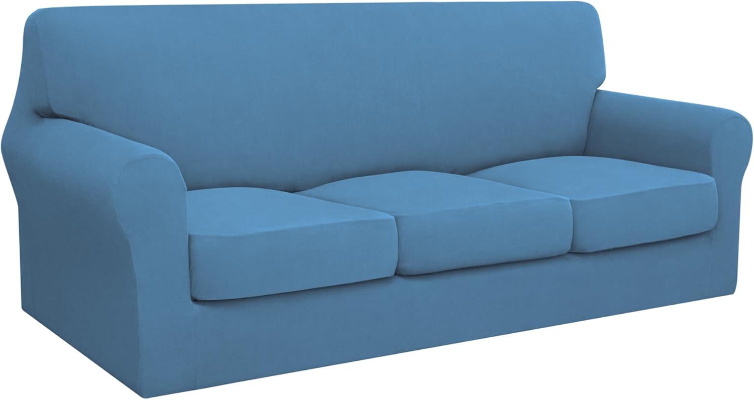 image:imageEasyGoing 2 Pieces Microfiber Stretch Chair Slipcover Spandex Soft Fitted Sofa Couch Cover Washable Furniture Protector with Elastic Bottom Kids Pet ChocolateLight Blue