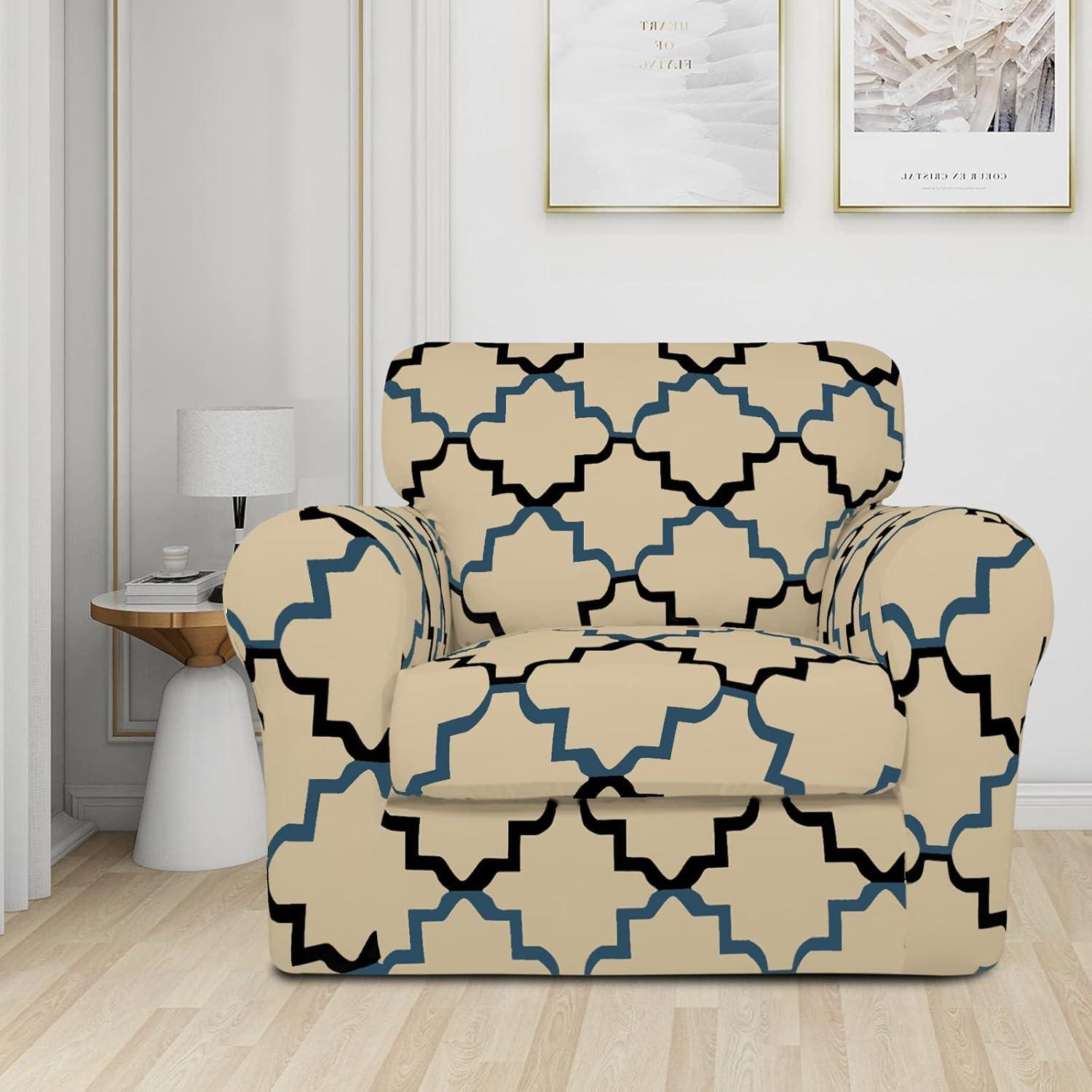 image:imageEasyGoing 2 Pieces Microfiber Stretch Chair Slipcover Spandex Soft Fitted Sofa Couch Cover Washable Furniture Protector with Elastic Bottom Kids Pet ChocolateQuatrefoilBeige