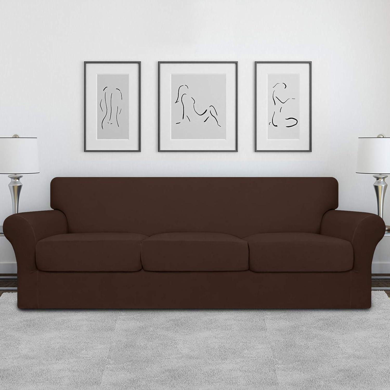 image:imageEasyGoing 2 Pieces Microfiber Stretch Chair Slipcover Spandex Soft Fitted Sofa Couch Cover Washable Furniture Protector with Elastic Bottom Kids Pet ChocolateCoffee