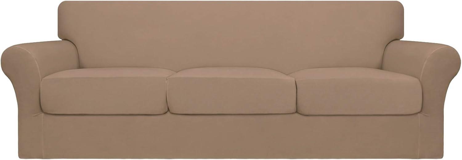 image:imageEasyGoing 2 Pieces Microfiber Stretch Chair Slipcover Spandex Soft Fitted Sofa Couch Cover Washable Furniture Protector with Elastic Bottom Kids Pet ChocolateCamel