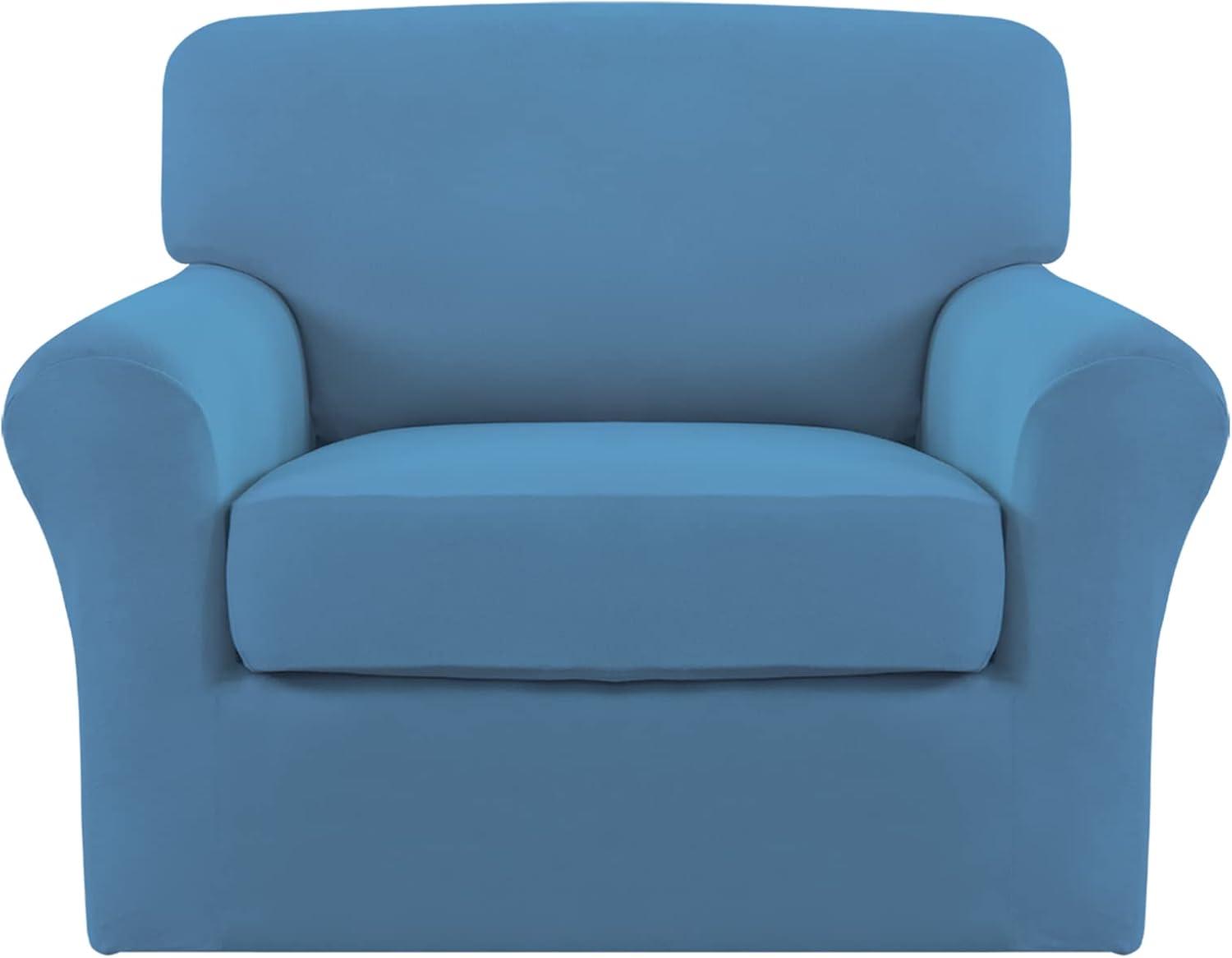 image:imageEasyGoing 2 Pieces Microfiber Stretch Chair Slipcover Spandex Soft Fitted Sofa Couch Cover Washable Furniture Protector with Elastic Bottom Kids Pet ChocolateLight Blue