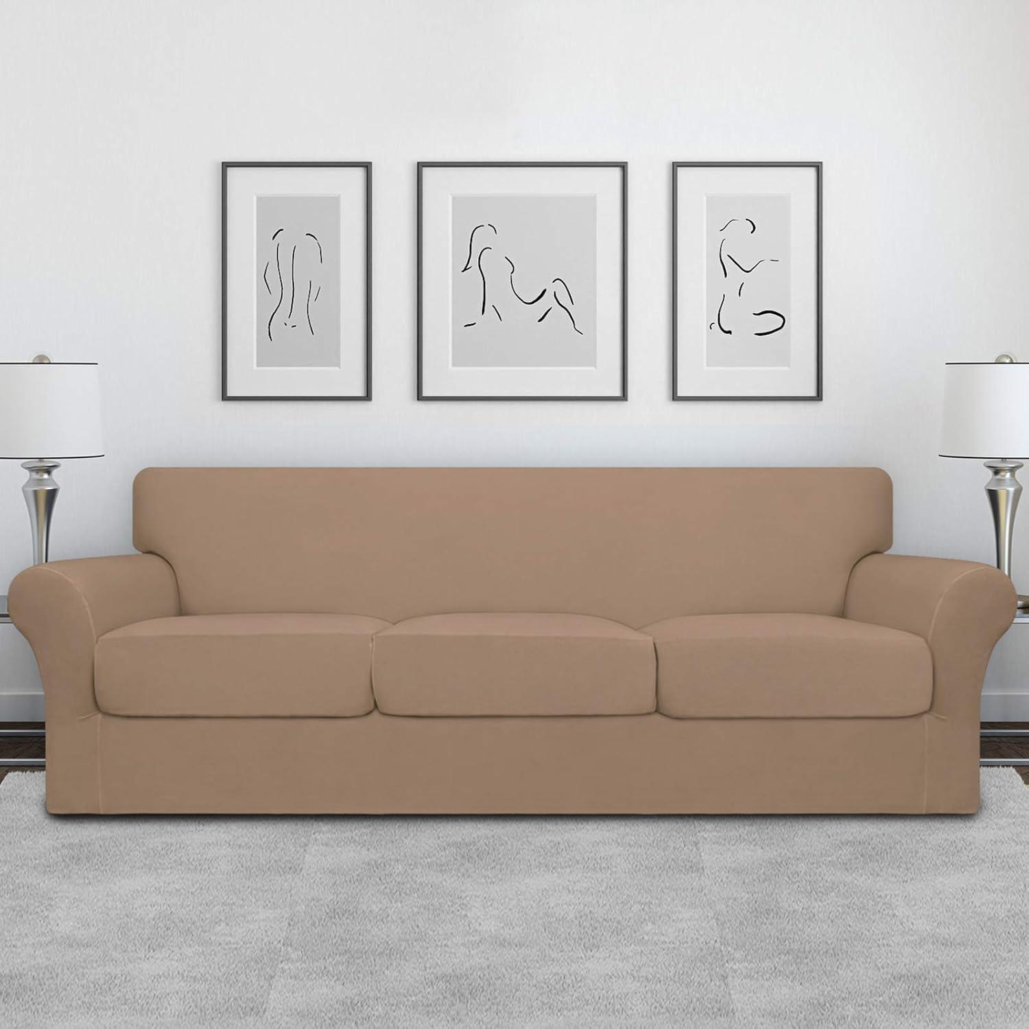image:imageEasyGoing 2 Pieces Microfiber Stretch Chair Slipcover Spandex Soft Fitted Sofa Couch Cover Washable Furniture Protector with Elastic Bottom Kids Pet ChocolateCamel