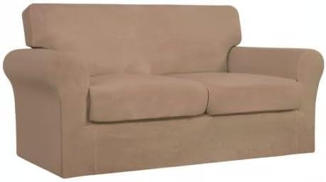 image:imageEasyGoing 2 Pieces Microfiber Stretch Chair Slipcover Spandex Soft Fitted Sofa Couch Cover Washable Furniture Protector with Elastic Bottom Kids Pet ChocolateCamel