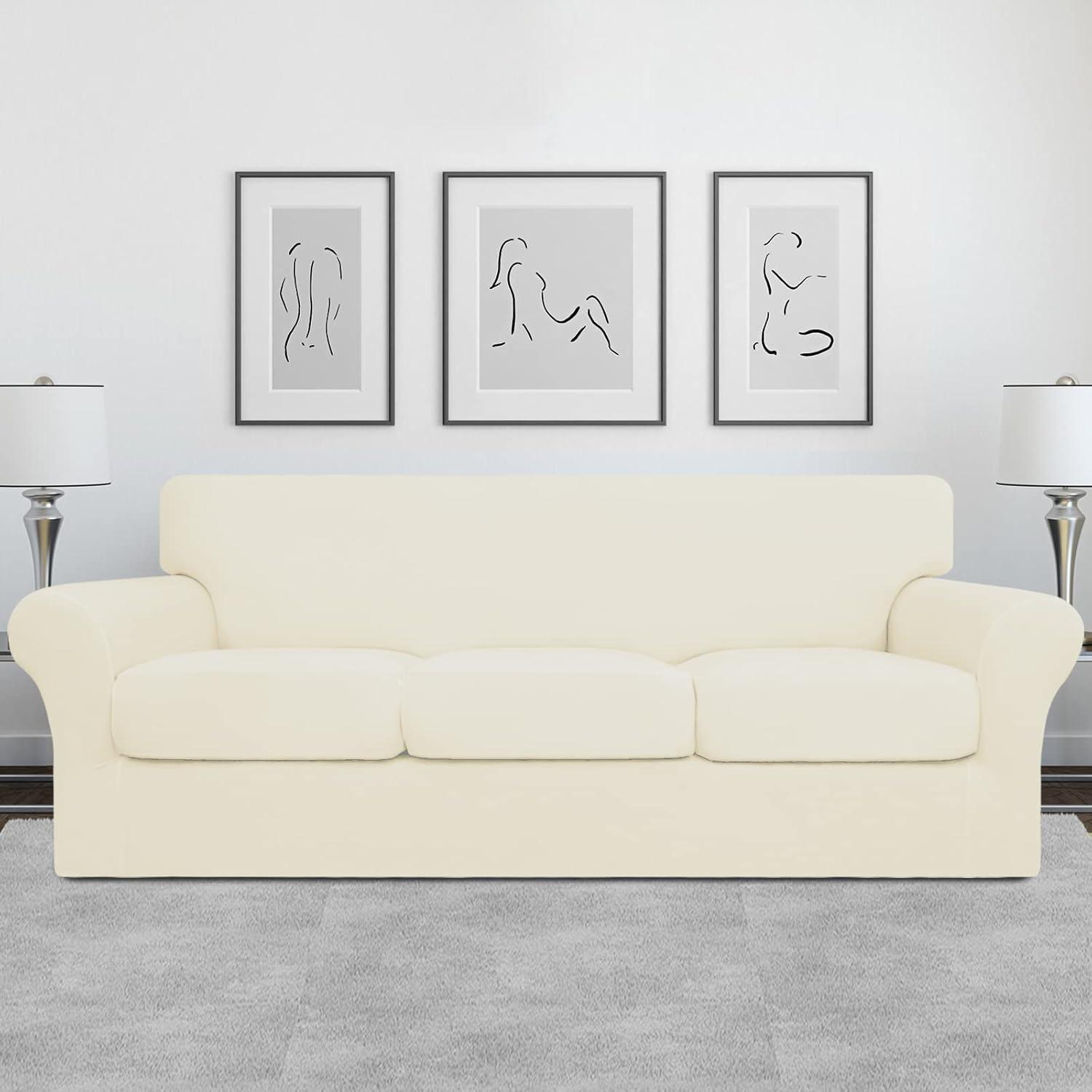 image:imageEasyGoing 2 Pieces Microfiber Stretch Chair Slipcover Spandex Soft Fitted Sofa Couch Cover Washable Furniture Protector with Elastic Bottom Kids Pet ChocolateIvory