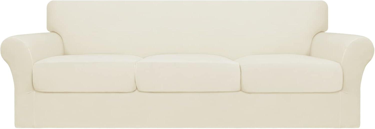 image:imageEasyGoing 2 Pieces Microfiber Stretch Chair Slipcover Spandex Soft Fitted Sofa Couch Cover Washable Furniture Protector with Elastic Bottom Kids Pet ChocolateIvory