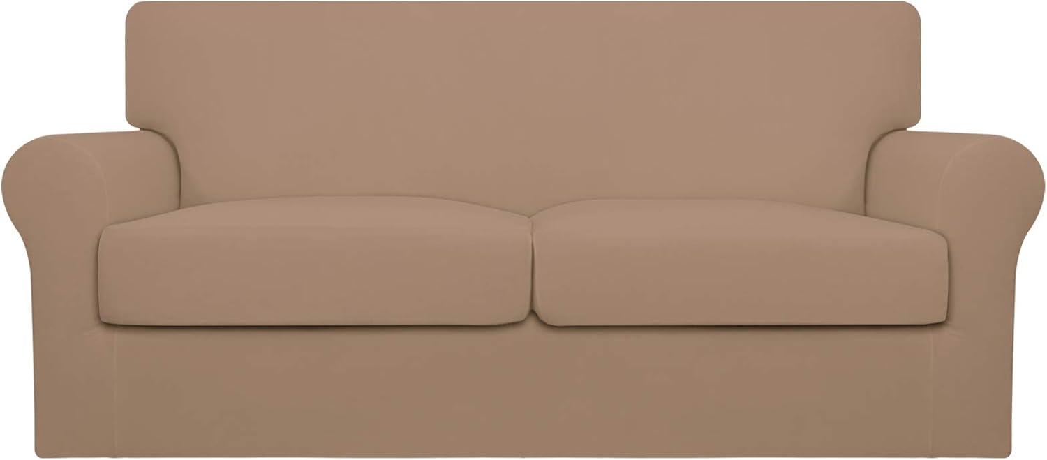 image:imageEasyGoing 2 Pieces Microfiber Stretch Chair Slipcover Spandex Soft Fitted Sofa Couch Cover Washable Furniture Protector with Elastic Bottom Kids Pet ChocolateCamel