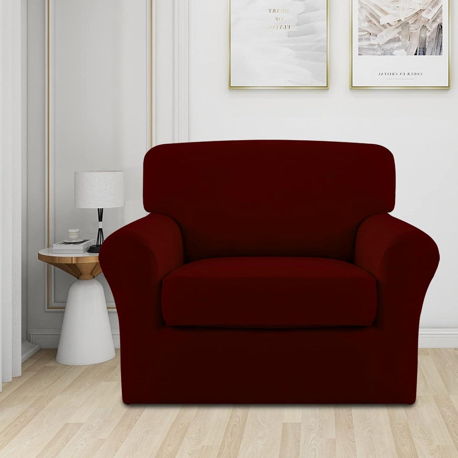 image:imageEasyGoing 2 Pieces Microfiber Stretch Chair Slipcover Spandex Soft Fitted Sofa Couch Cover Washable Furniture Protector with Elastic Bottom Kids Pet ChocolateWine