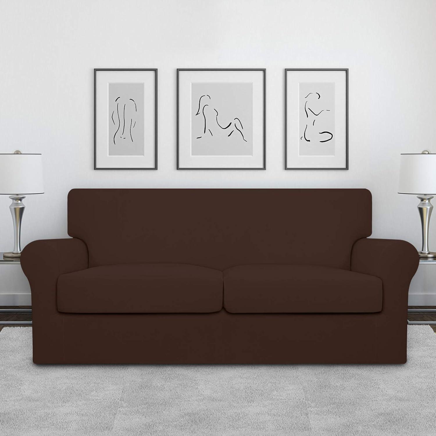 image:imageEasyGoing 2 Pieces Microfiber Stretch Chair Slipcover Spandex Soft Fitted Sofa Couch Cover Washable Furniture Protector with Elastic Bottom Kids Pet ChocolateCoffee