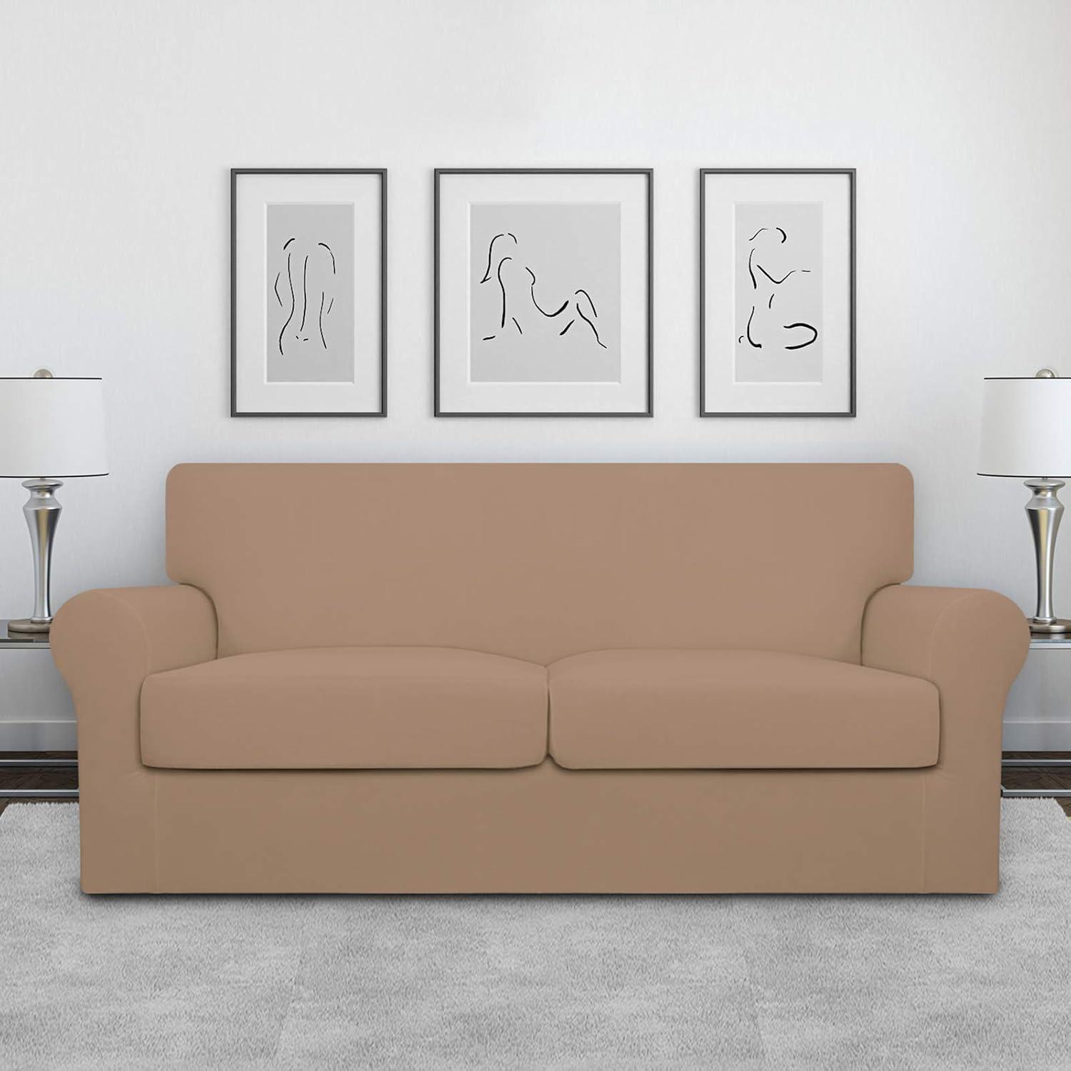image:imageEasyGoing 2 Pieces Microfiber Stretch Chair Slipcover Spandex Soft Fitted Sofa Couch Cover Washable Furniture Protector with Elastic Bottom Kids Pet ChocolateCamel