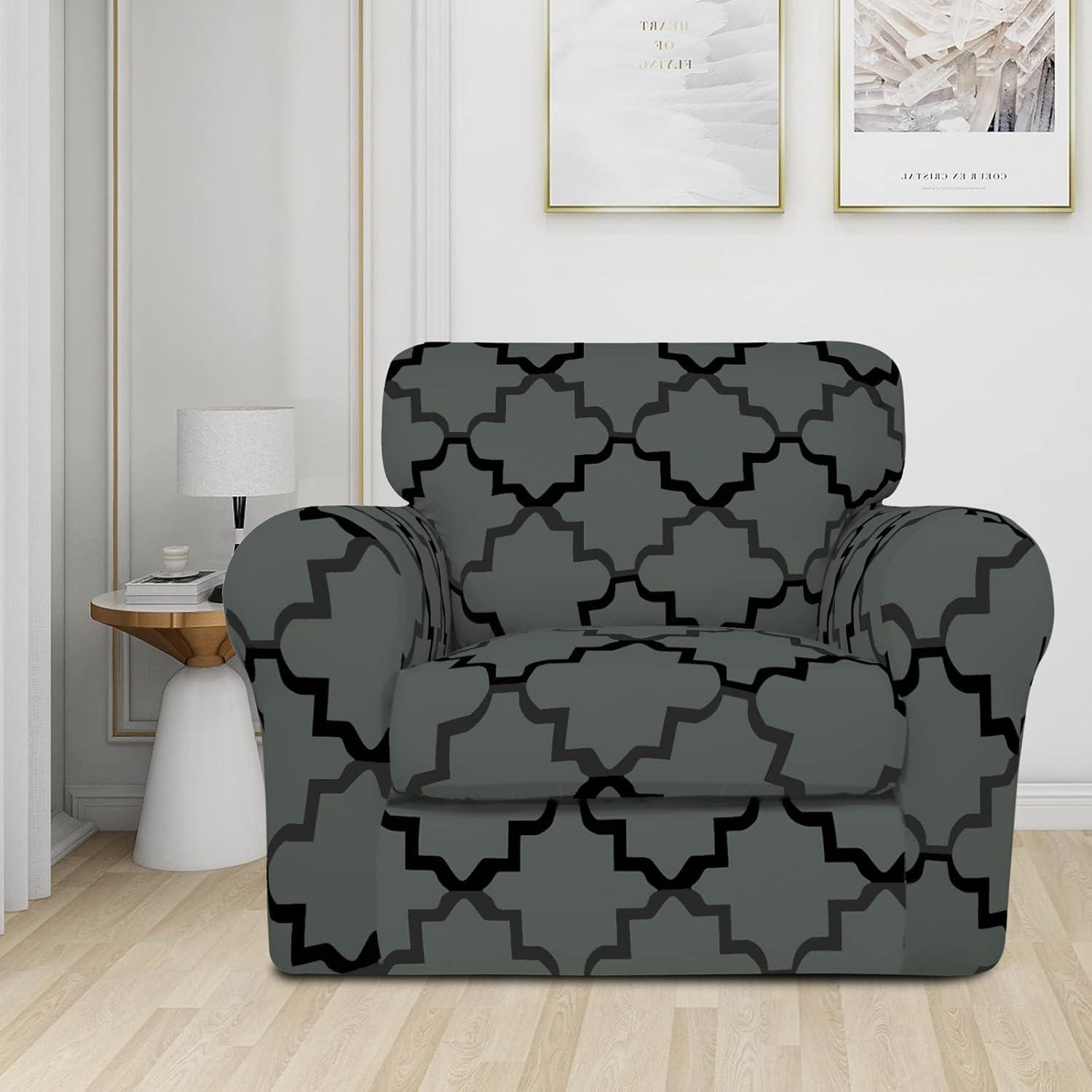 image:imageEasyGoing 2 Pieces Microfiber Stretch Chair Slipcover Spandex Soft Fitted Sofa Couch Cover Washable Furniture Protector with Elastic Bottom Kids Pet ChocolateQuatrefoilGray