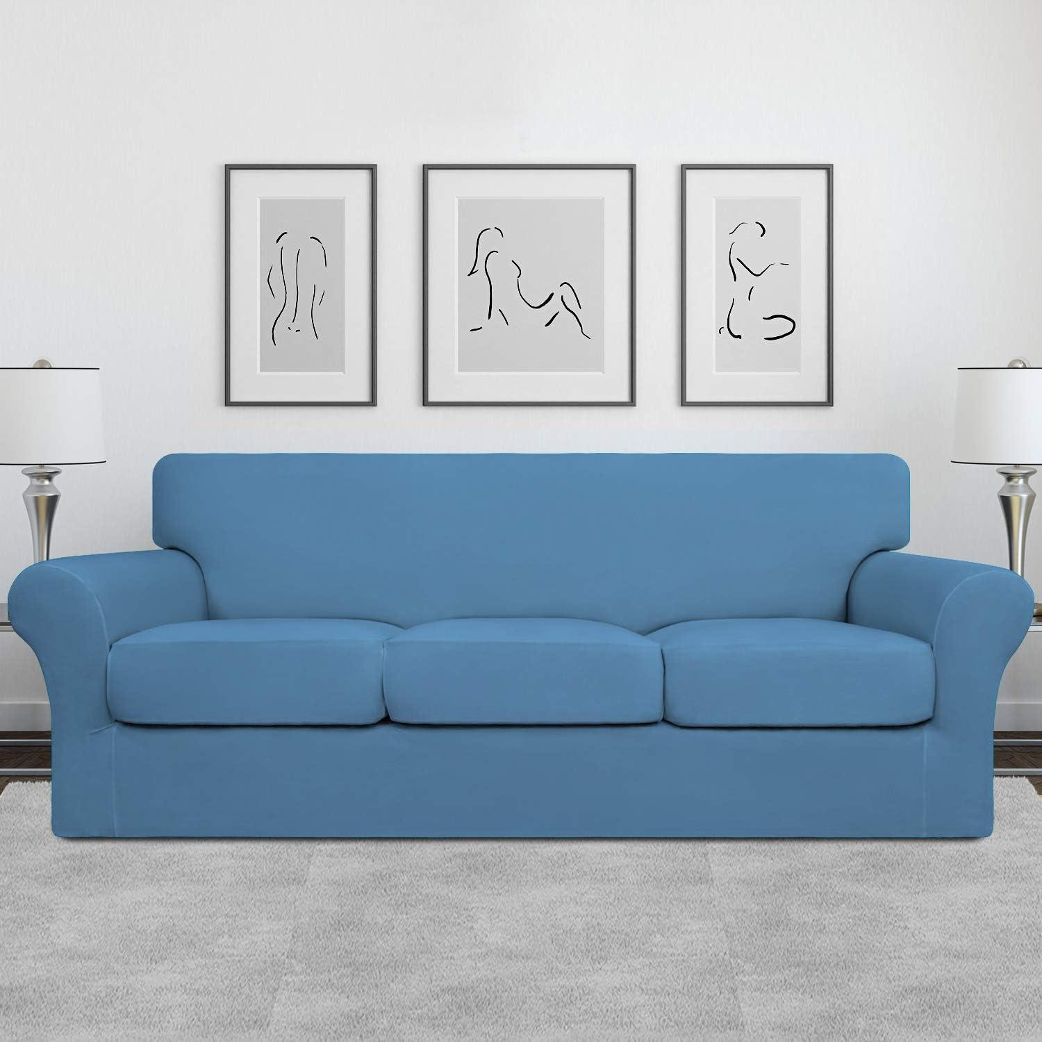 image:imageEasyGoing 2 Pieces Microfiber Stretch Chair Slipcover Spandex Soft Fitted Sofa Couch Cover Washable Furniture Protector with Elastic Bottom Kids Pet ChocolateLight Blue