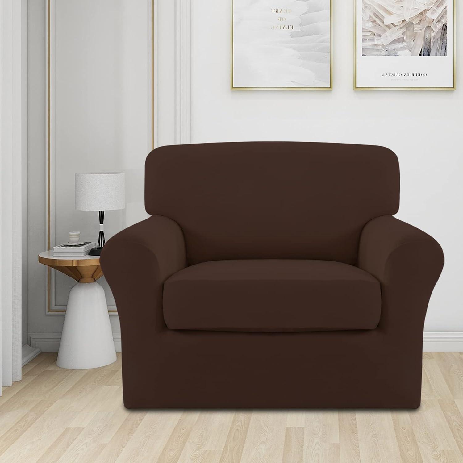 image:imageEasyGoing 2 Pieces Microfiber Stretch Chair Slipcover Spandex Soft Fitted Sofa Couch Cover Washable Furniture Protector with Elastic Bottom Kids Pet ChocolateCoffee