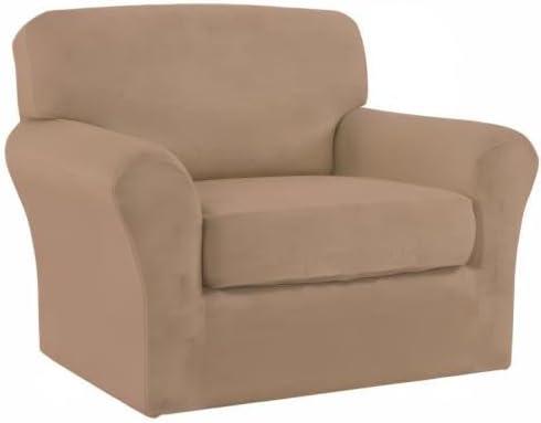 image:imageEasyGoing 2 Pieces Microfiber Stretch Chair Slipcover Spandex Soft Fitted Sofa Couch Cover Washable Furniture Protector with Elastic Bottom Kids Pet ChocolateCamel