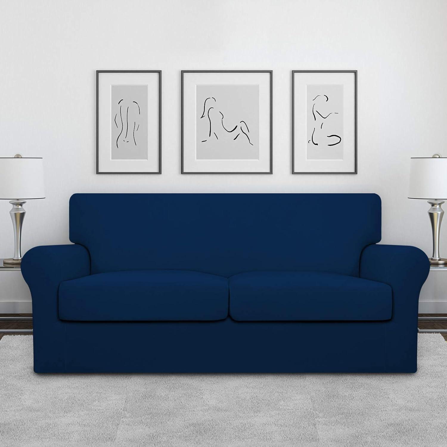 image:imageEasyGoing 2 Pieces Microfiber Stretch Chair Slipcover Spandex Soft Fitted Sofa Couch Cover Washable Furniture Protector with Elastic Bottom Kids Pet ChocolateNavy
