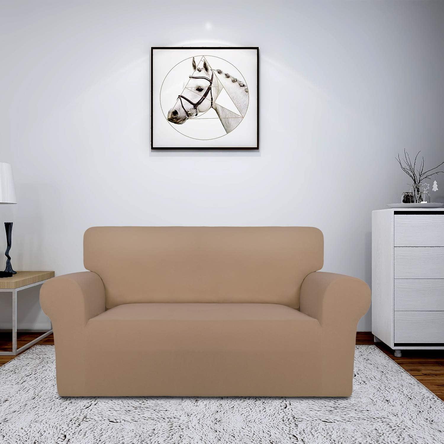 image:imageEasyGoing Fleece Stretch Sofa Slipcover Spandex NonSlip Soft Couch Sofa Cover Washable Furniture Protector with AntiSkid Foam and Elastic Bottom for Kids PetsLoveseat Dark GrayCamel