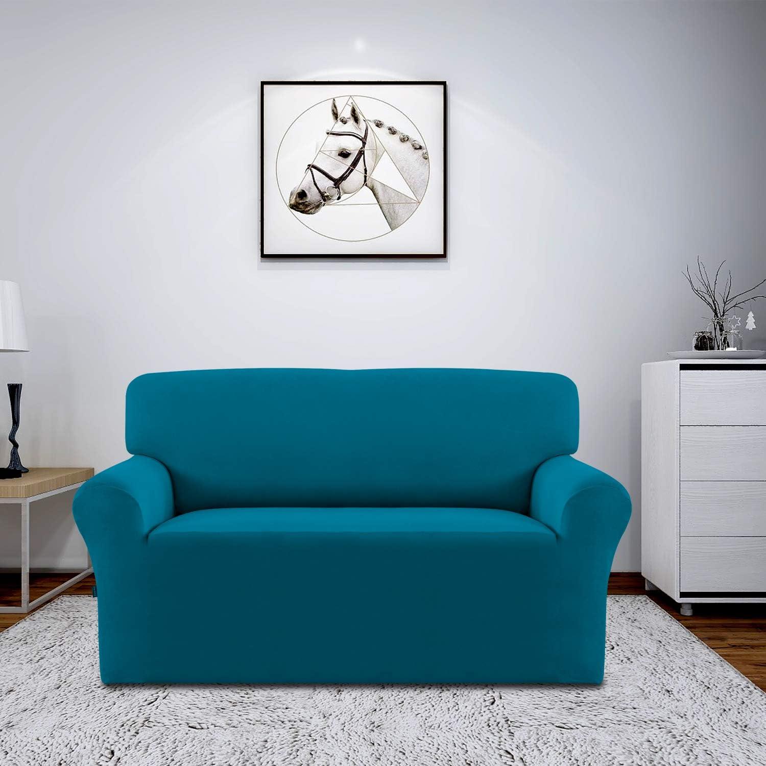 image:imageEasyGoing Fleece Stretch Sofa Slipcover Spandex NonSlip Soft Couch Sofa Cover Washable Furniture Protector with AntiSkid Foam and Elastic Bottom for Kids PetsLoveseat Dark GrayPeacock Blue