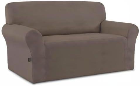 image:imageEasyGoing Fleece Stretch Sofa Slipcover Spandex NonSlip Soft Couch Sofa Cover Washable Furniture Protector with AntiSkid Foam and Elastic Bottom for Kids PetsLoveseat Dark GrayTaupe