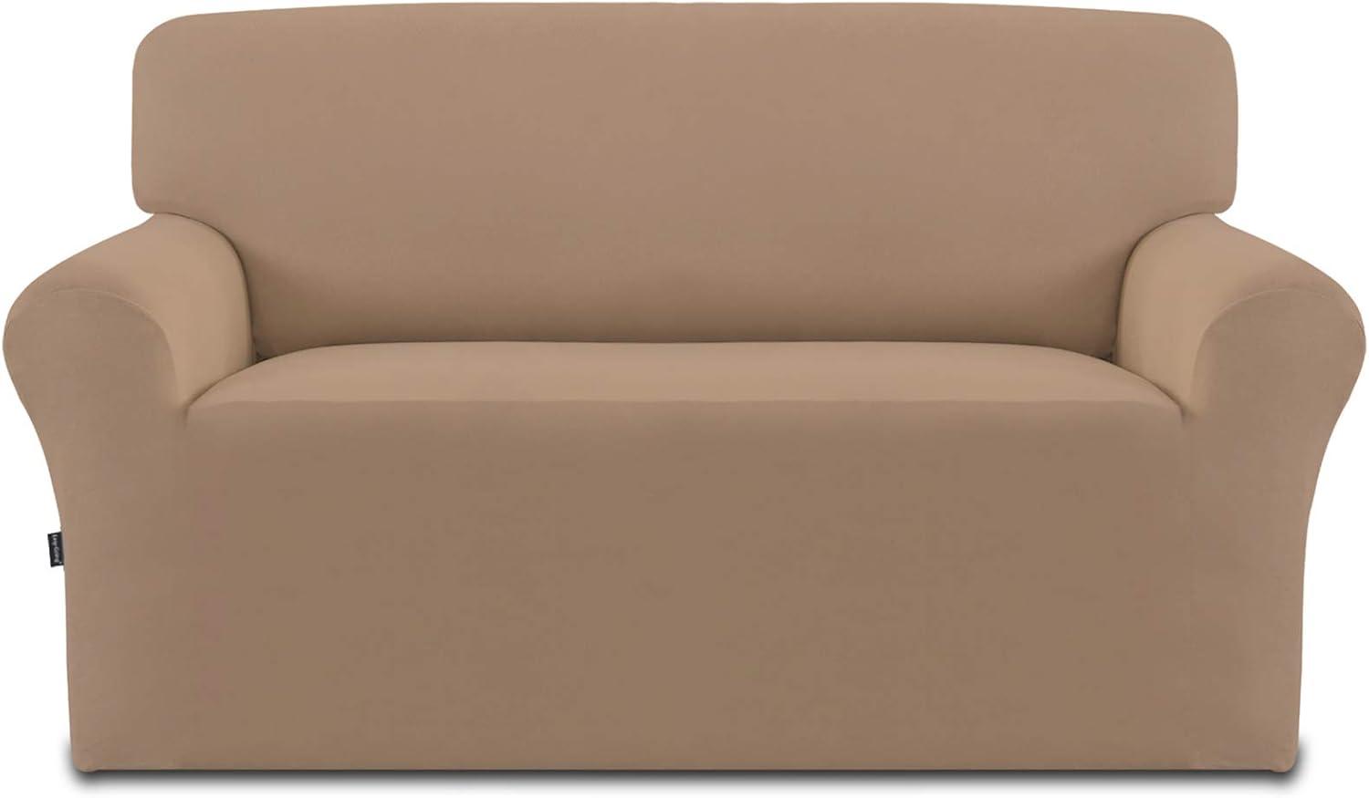 image:imageEasyGoing Fleece Stretch Sofa Slipcover Spandex NonSlip Soft Couch Sofa Cover Washable Furniture Protector with AntiSkid Foam and Elastic Bottom for Kids PetsLoveseat Dark GrayCamel