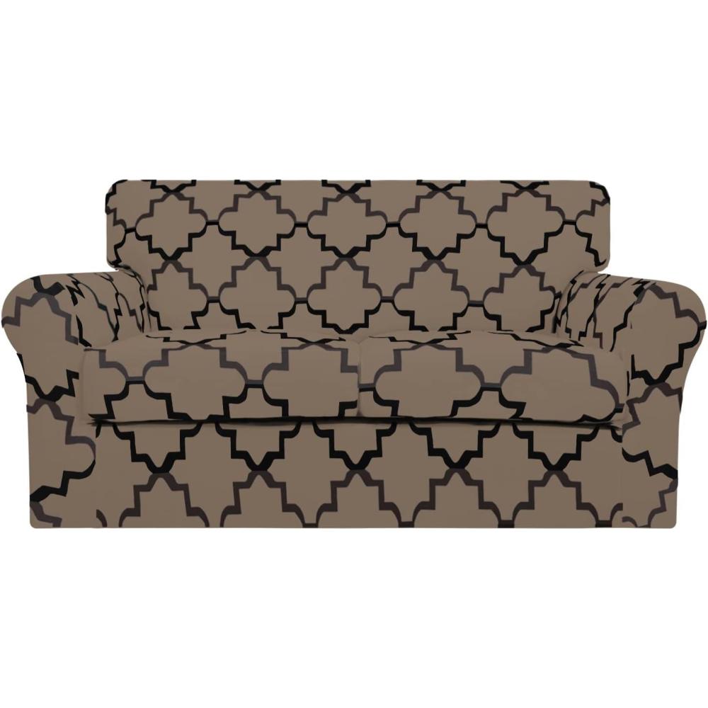 image:imageEasyGoing 2 Pieces Microfiber Stretch Chair Slipcover Spandex Soft Fitted Sofa Couch Cover Washable Furniture Protector with Elastic Bottom Kids Pet ChocolateQuatrefoilCamel
