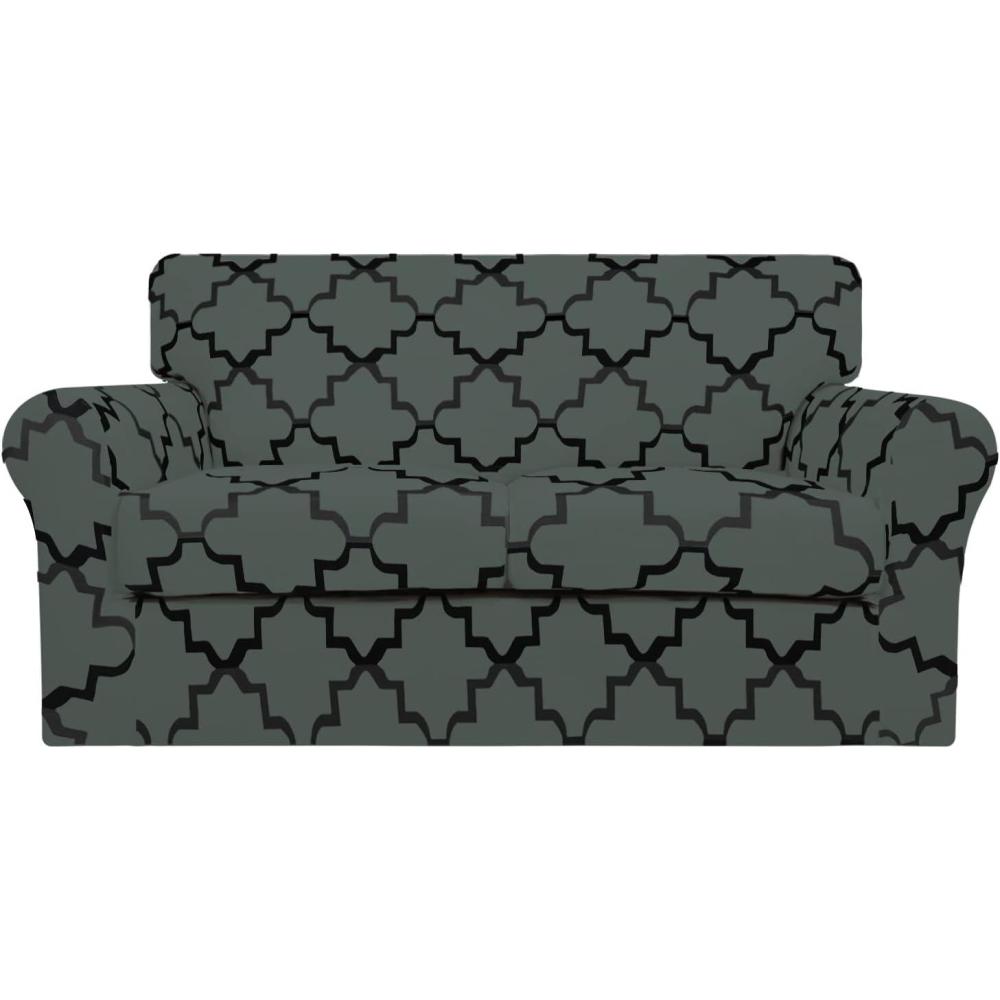 image:imageEasyGoing 2 Pieces Microfiber Stretch Chair Slipcover Spandex Soft Fitted Sofa Couch Cover Washable Furniture Protector with Elastic Bottom Kids Pet ChocolateQuatrefoilGray