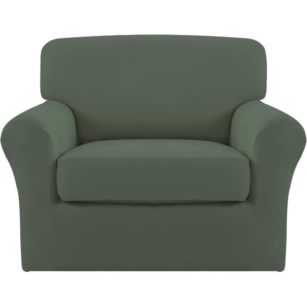 image:imageEasyGoing 2 Pieces Microfiber Stretch Chair Slipcover Spandex Soft Fitted Sofa Couch Cover Washable Furniture Protector with Elastic Bottom Kids Pet ChocolateGreyish Green