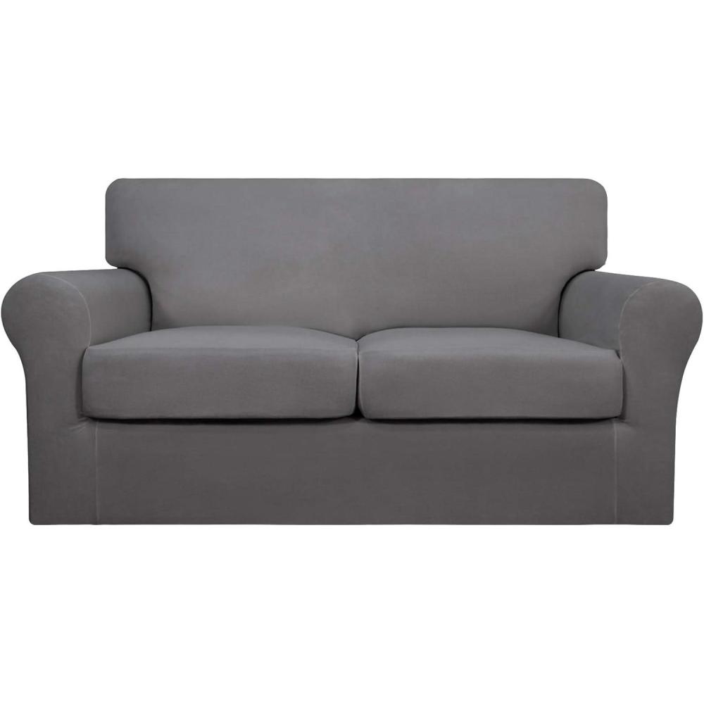 image:imageEasyGoing 2 Pieces Microfiber Stretch Chair Slipcover Spandex Soft Fitted Sofa Couch Cover Washable Furniture Protector with Elastic Bottom Kids Pet ChocolateLight Gray