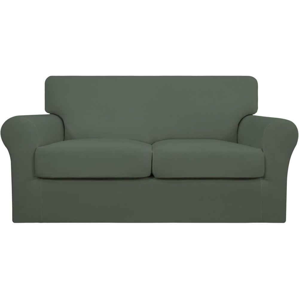 image:imageEasyGoing 2 Pieces Microfiber Stretch Chair Slipcover Spandex Soft Fitted Sofa Couch Cover Washable Furniture Protector with Elastic Bottom Kids Pet ChocolateGrayish Green