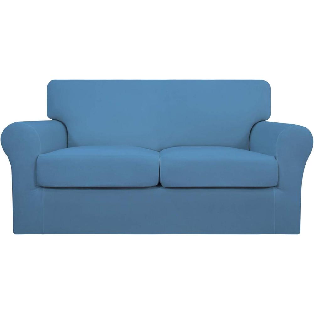 image:imageEasyGoing 2 Pieces Microfiber Stretch Chair Slipcover Spandex Soft Fitted Sofa Couch Cover Washable Furniture Protector with Elastic Bottom Kids Pet ChocolateLight Blue