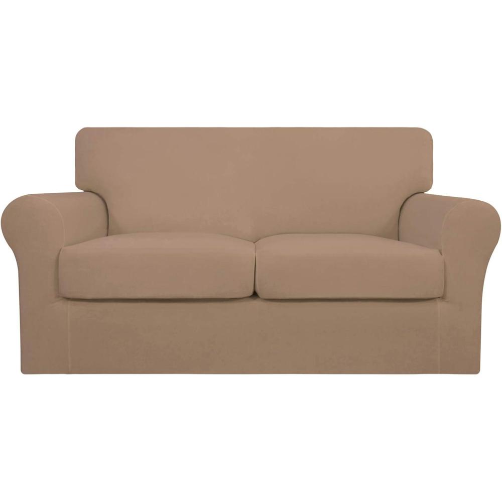 image:imageEasyGoing 2 Pieces Microfiber Stretch Chair Slipcover Spandex Soft Fitted Sofa Couch Cover Washable Furniture Protector with Elastic Bottom Kids Pet ChocolateCamel