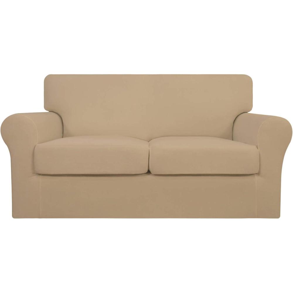 image:imageEasyGoing 2 Pieces Microfiber Stretch Chair Slipcover Spandex Soft Fitted Sofa Couch Cover Washable Furniture Protector with Elastic Bottom Kids Pet ChocolatePale Yellow
