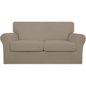 Easy-Going 2 Pieces Microfiber Stretch Chair Slipcover – Spandex Soft Fitted Sofa Couch Cover Washable Furniture Protector with Elastic Bottom Kids Pet Chocolate(Natural)