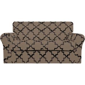 Easy-Going 2 Pieces Microfiber Stretch Chair Slipcover – Spandex Soft Fitted Sofa Couch Cover Washable Furniture Protector with Elastic Bottom Kids Pet Chocolate(Quatrefoil/Camel)