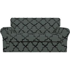 Easy-Going 2 Pieces Microfiber Stretch Chair Slipcover – Spandex Soft Fitted Sofa Couch Cover Washable Furniture Protector with Elastic Bottom Kids Pet Chocolate(Quatrefoil/Gray)