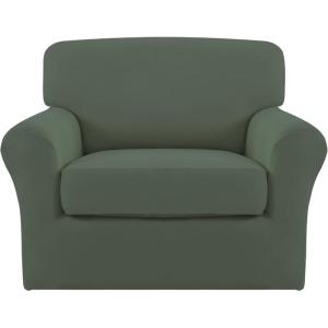Easy-Going 2 Pieces Microfiber Stretch Chair Slipcover – Spandex Soft Fitted Sofa Couch Cover Washable Furniture Protector with Elastic Bottom Kids Pet Chocolate(Greyish Green)