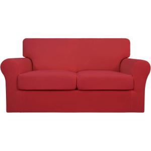 Easy-Going 2 Pieces Microfiber Stretch Chair Slipcover – Spandex Soft Fitted Sofa Couch Cover Washable Furniture Protector with Elastic Bottom Kids Pet Chocolate(Christmas Red)