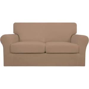 Easy-Going 2 Pieces Microfiber Stretch Chair Slipcover – Spandex Soft Fitted Sofa Couch Cover Washable Furniture Protector with Elastic Bottom Kids Pet Chocolate(Camel)