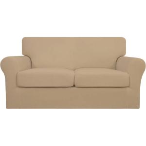 Easy-Going 2 Pieces Microfiber Stretch Chair Slipcover – Spandex Soft Fitted Sofa Couch Cover Washable Furniture Protector with Elastic Bottom Kids Pet Chocolate(Pale Yellow)