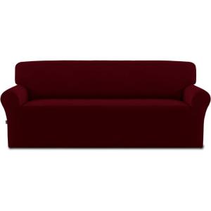 Easy-Going Fleece Stretch Sofa Slipcover Spandex Non-Slip Soft Couch Sofa Cover, Washable Furniture Protector with Anti-Skid Foam and Elastic Bottom for Kids, Pets(Loveseat, Dark Gray)(Wine)