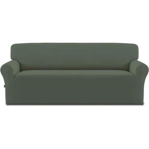 Easy-Going Fleece Stretch Sofa Slipcover Spandex Non-Slip Soft Couch Sofa Cover, Washable Furniture Protector with Anti-Skid Foam and Elastic Bottom for Kids, Pets(Loveseat, Dark Gray)(Grayish Green)