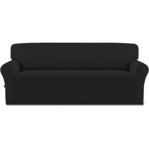 Easy-Going Fleece Stretch Sofa Slipcover Spandex Non-Slip Soft Couch Sofa Cover, Washable Furniture Protector with Anti-Skid Foam and Elastic Bottom for Kids, Pets(Loveseat, Dark Gray)(Black)