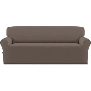 Easy-Going Fleece Stretch Sofa Slipcover Spandex Non-Slip Soft Couch Sofa Cover, Washable Furniture Protector with Anti-Skid Foam and Elastic Bottom for Kids, Pets(Loveseat, Dark Gray)(Taupe)