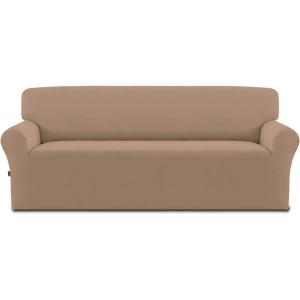 Easy-Going Fleece Stretch Sofa Slipcover Spandex Non-Slip Soft Couch Sofa Cover, Washable Furniture Protector with Anti-Skid Foam and Elastic Bottom for Kids, Pets(Loveseat, Dark Gray)(Camel)