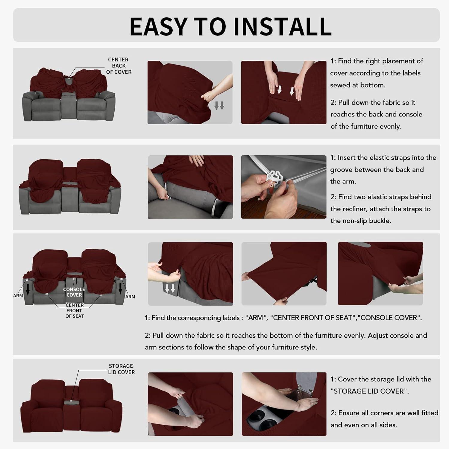 image:imageEasyGoing 1 Piece Stretch Reclining Loveseat with Middle Console Slipcover 2 Seater Loveseat Recliner Cover with Holder and Storage Recliner Couch Sofa Cover Furniture Protector Dark GrayWine