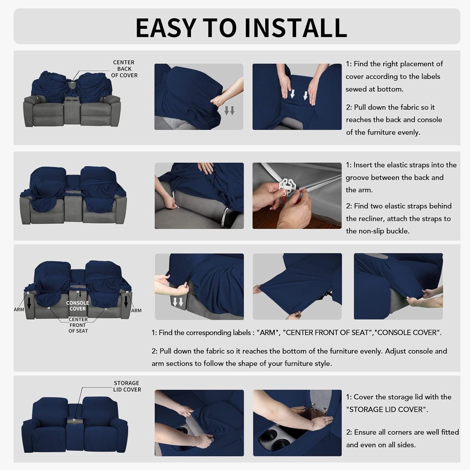 image:imageEasyGoing 1 Piece Stretch Reclining Loveseat with Middle Console Slipcover 2 Seater Loveseat Recliner Cover with Holder and Storage Recliner Couch Sofa Cover Furniture Protector Dark GrayNavy