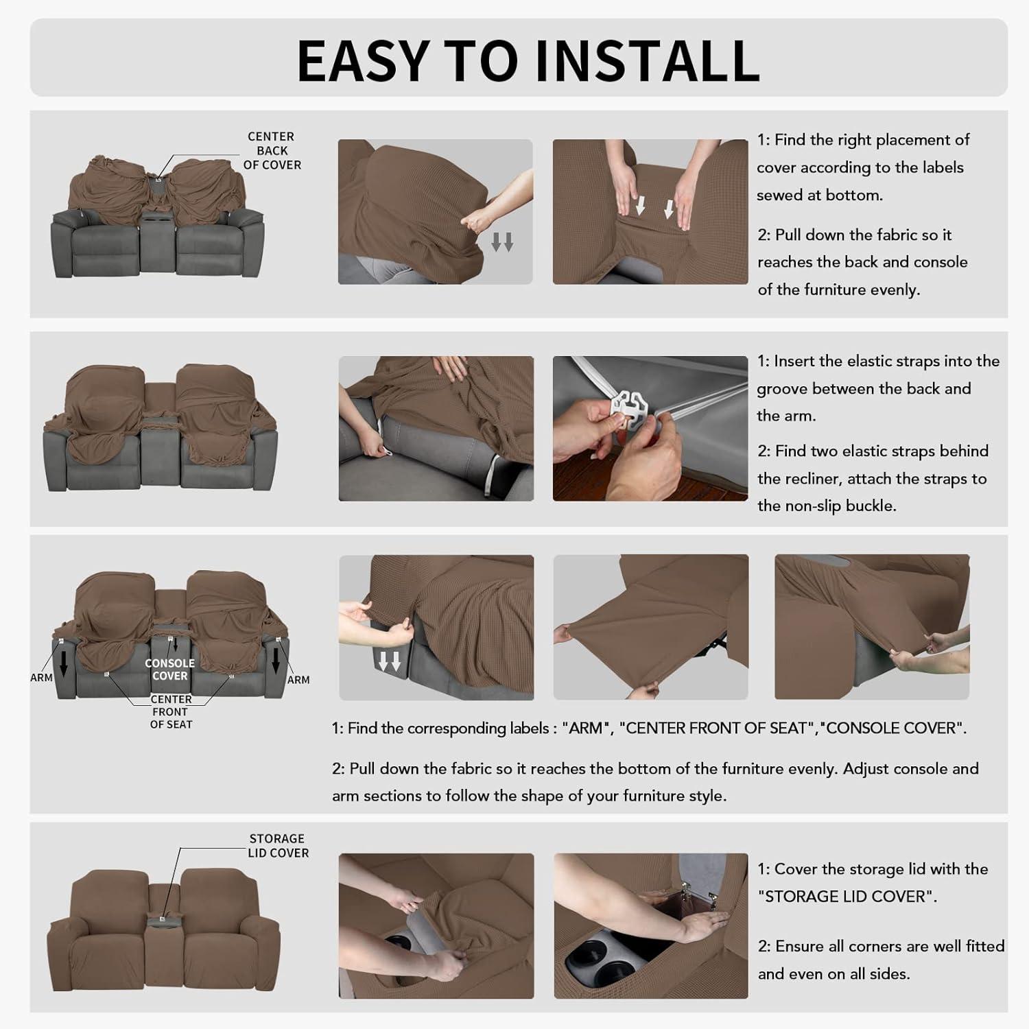 image:imageEasyGoing 1 Piece Stretch Reclining Loveseat with Middle Console Slipcover 2 Seater Loveseat Recliner Cover with Holder and Storage Recliner Couch Sofa Cover Furniture Protector Dark GrayBrown