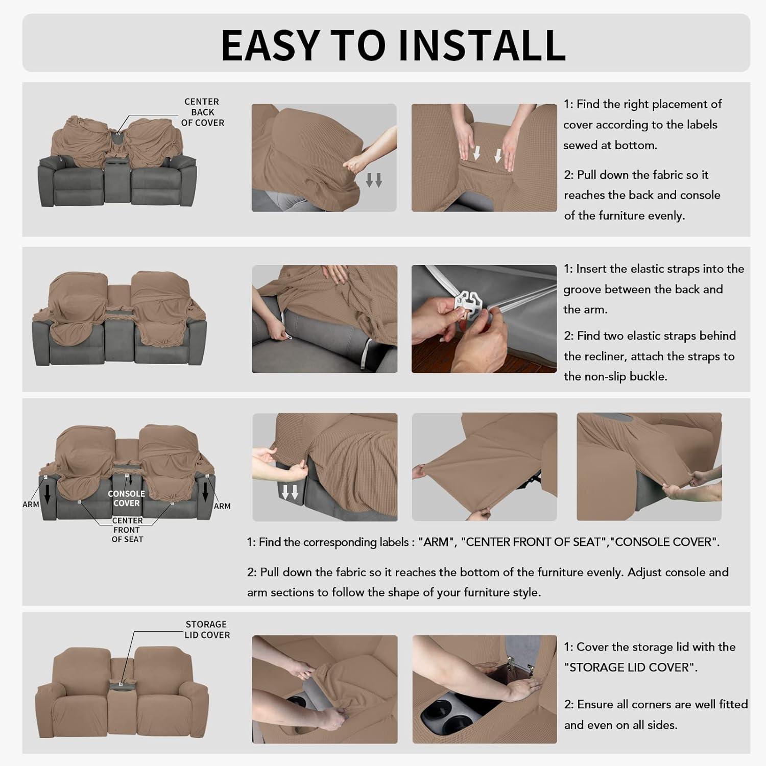 image:imageEasyGoing 1 Piece Stretch Reclining Loveseat with Middle Console Slipcover 2 Seater Loveseat Recliner Cover with Holder and Storage Recliner Couch Sofa Cover Furniture Protector Dark GrayCamel