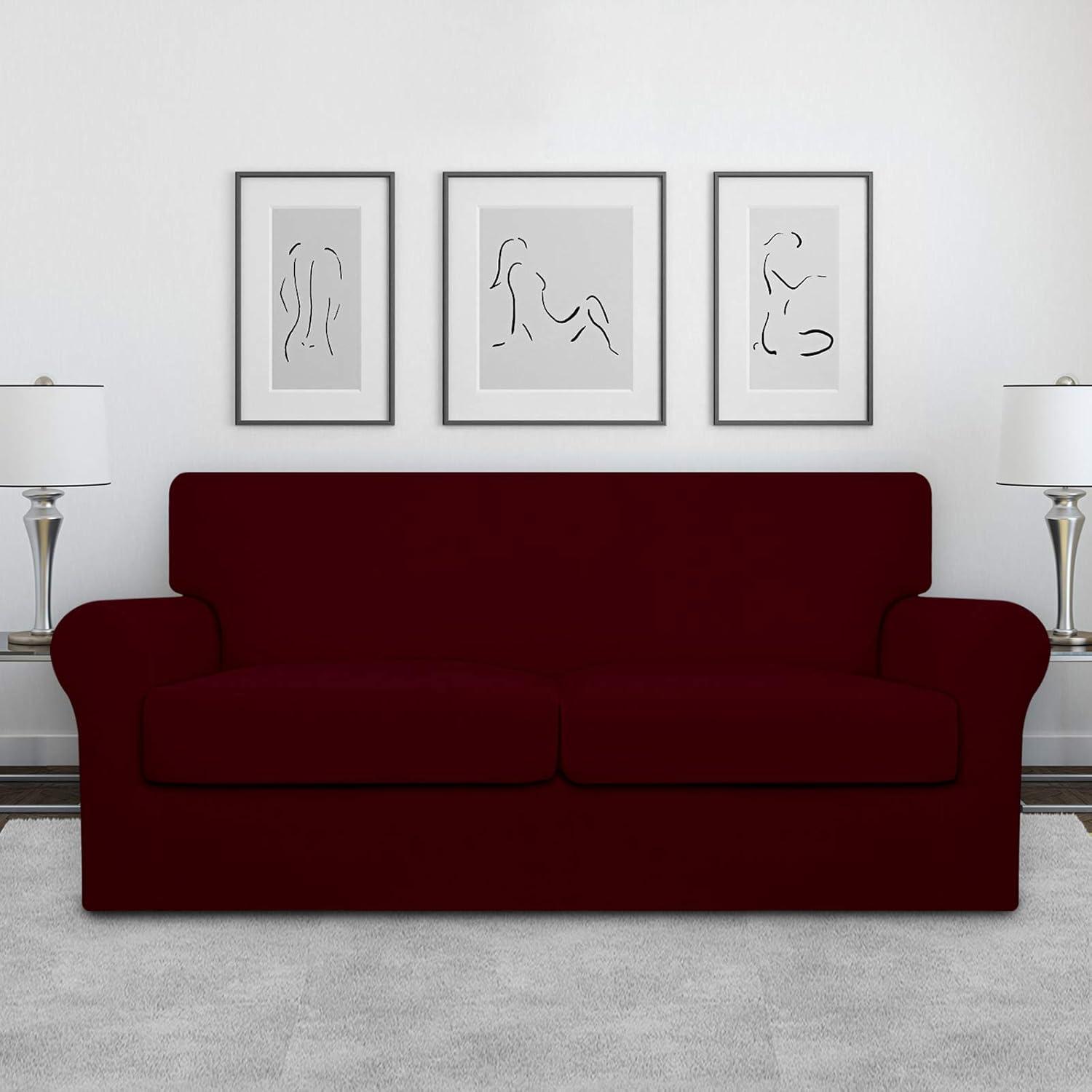 image:imageEasyGoing 2 Pieces Microfiber Stretch Chair Slipcover Spandex Soft Fitted Sofa Couch Cover Washable Furniture Protector with Elastic Bottom Kids Pet ChocolateWine
