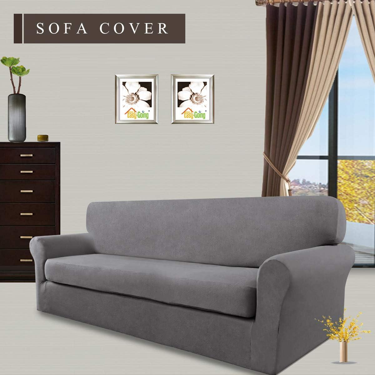 image:imageEasyGoing 2 Pieces Microfiber Stretch Sofa Slipcover Spandex Soft Fitted Sofa Couch Cover Washable Furniture Protector with Elastic Bottom KidsPet Oversized Sofa Dark GrayLightgray